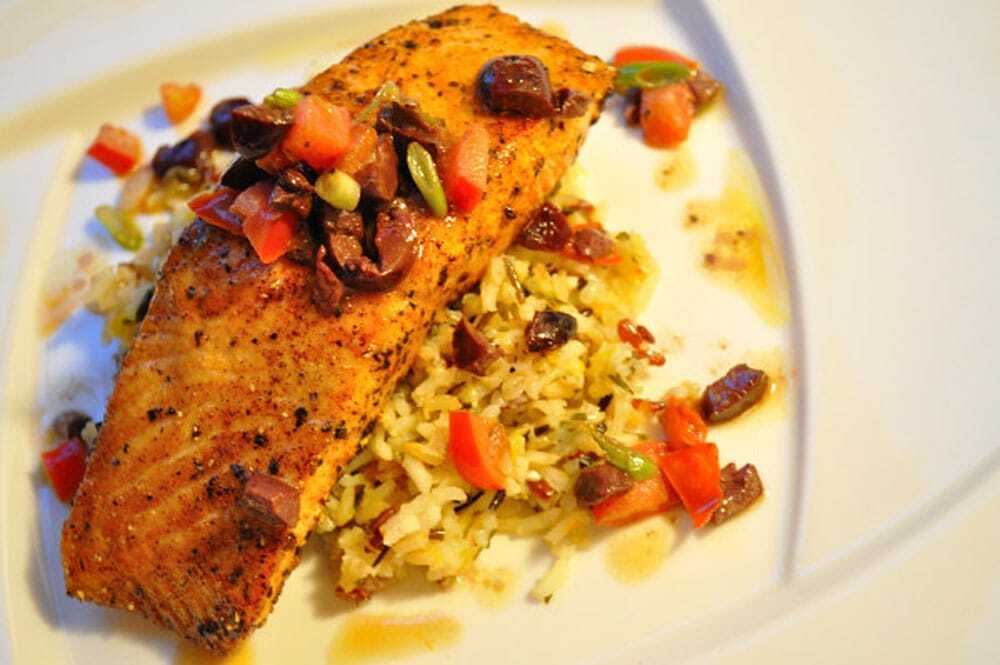 Three Pepper Salmon with Lemon Herb Rice and Olive Tomato Relish - Food Gypsy