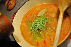 Add liquids, peas and seasoning - Food Gypsy